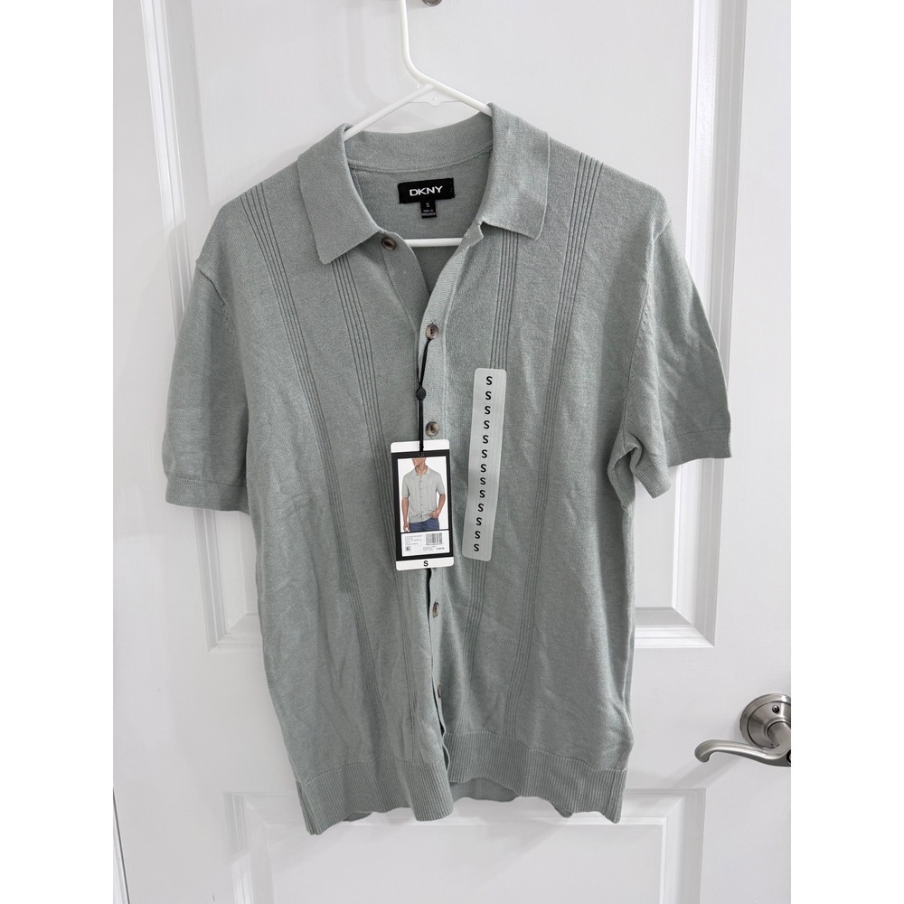 DKNY Mens Button Front Sweater Polo Short Sleeve Sage Green Knit Small NEW